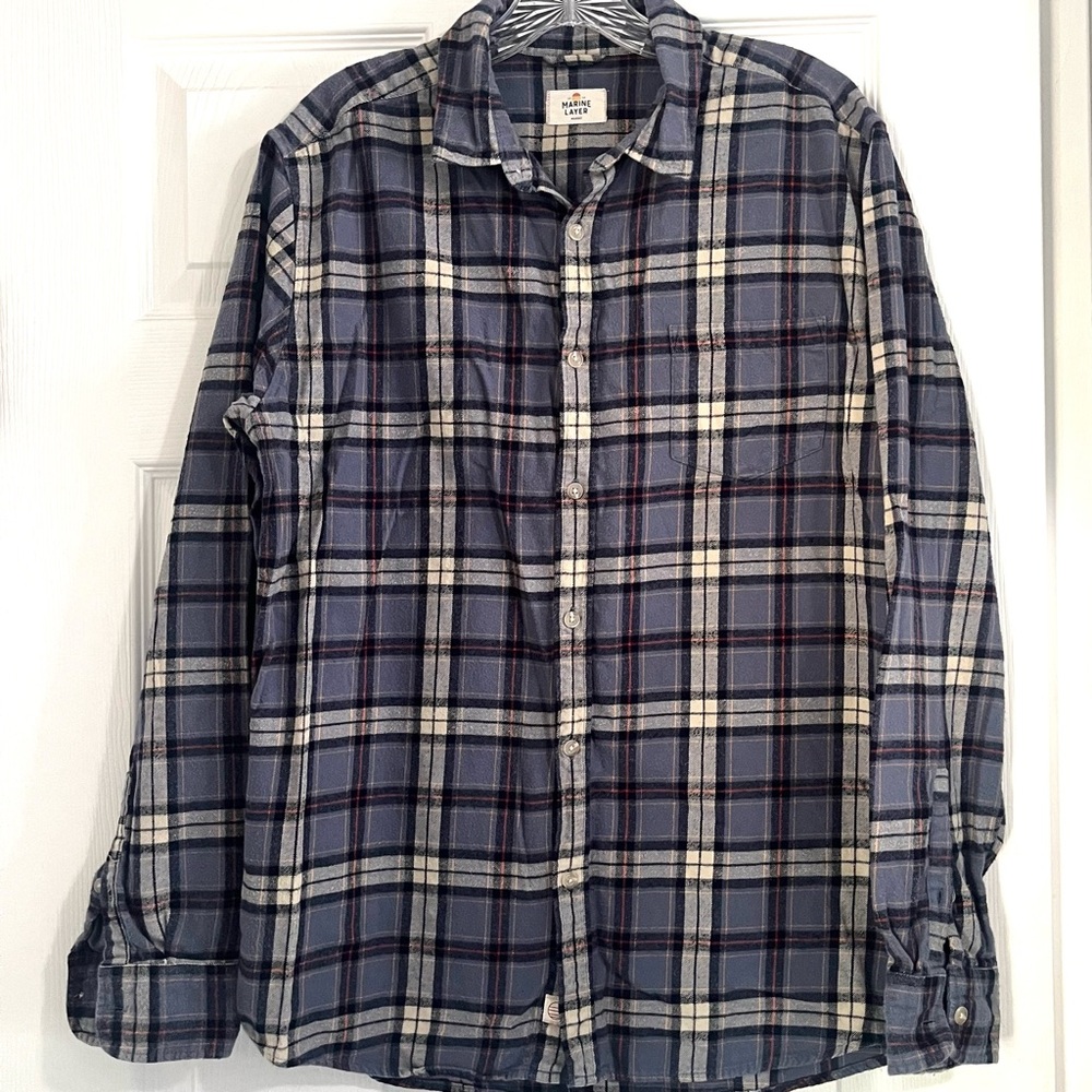 Marine Layer Plaid Button Down Faded Blue Flannel Long Sleeve Shirt Woman’s Sz L